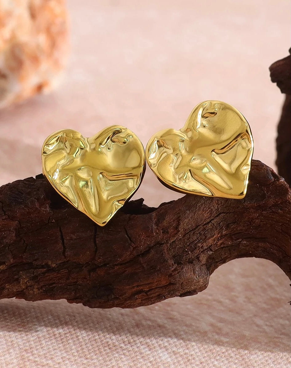 Textured Gold Heart Stud Earrings