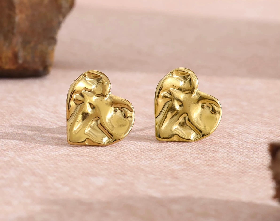 Textured Gold Heart Stud Earrings