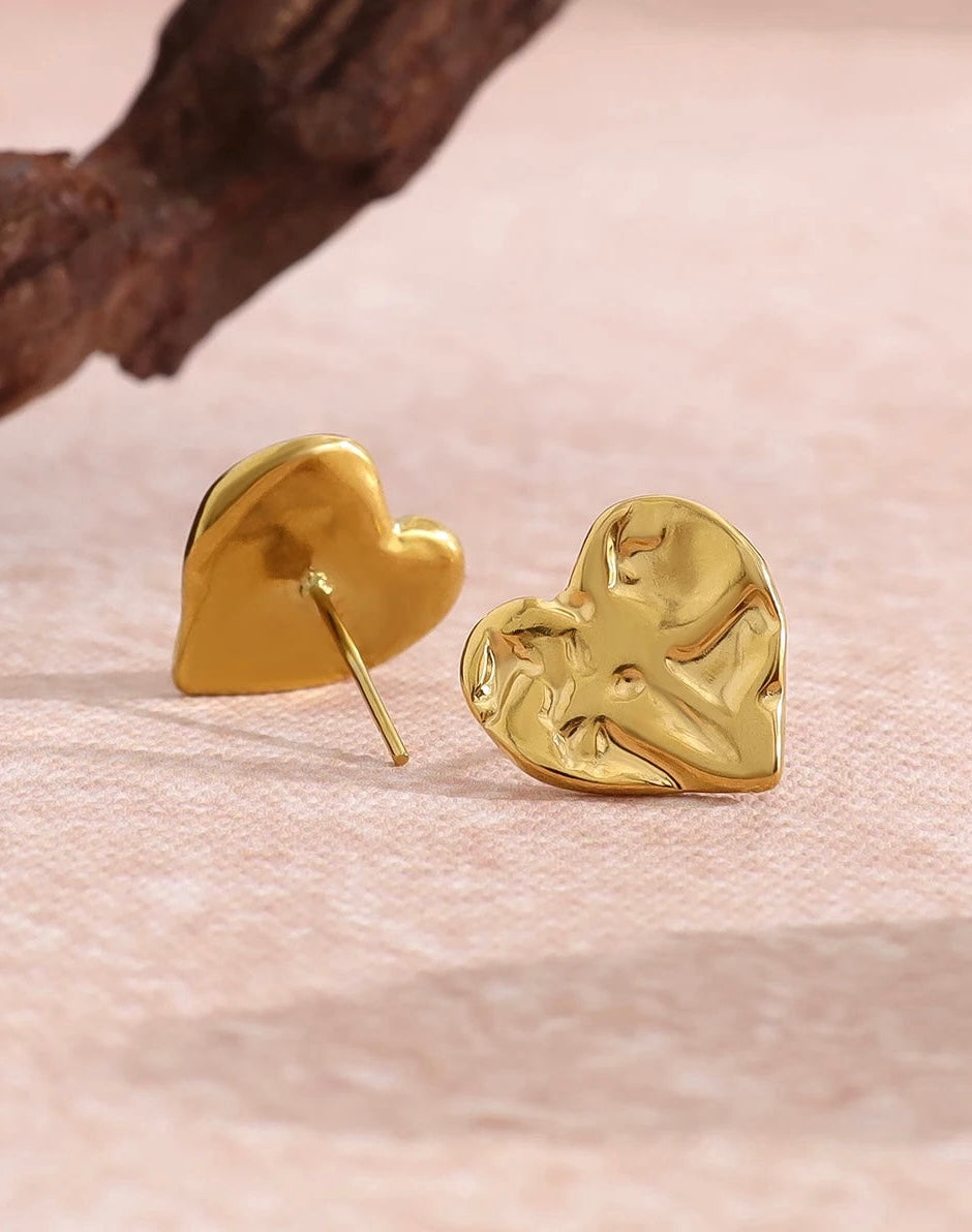 Textured Gold Heart Stud Earrings