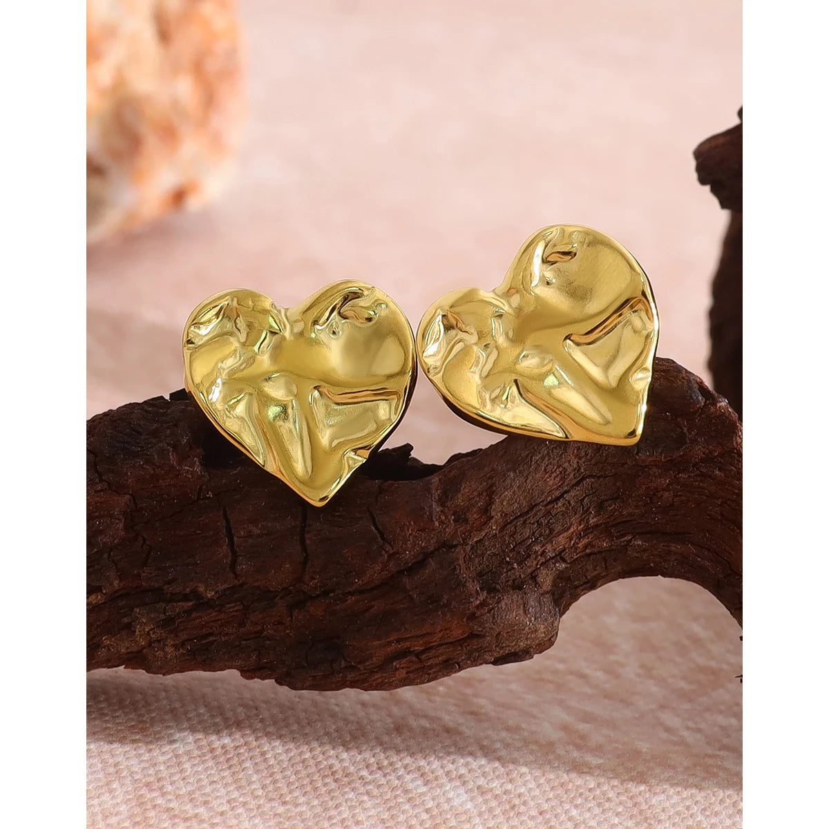 Textured Gold Heart Stud Earrings